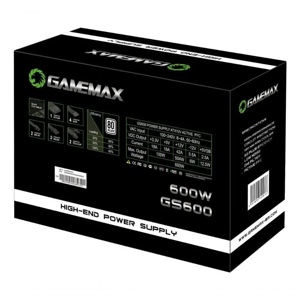 Fonte Gamemax GS600, 600W, 80 Plus White, PFC Ativo, Com Cabo, Preto - GS600 — foto 4
