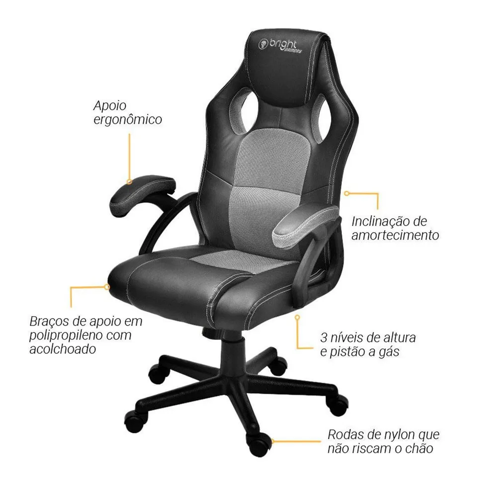 Cadeira Gamer Bright CD105, Revestimento em Couro PU e Malha, Até 120 kg, Encosto Reclinável, Apoio de Braço Fixo, Preto e Cinza - CD105 — foto 2