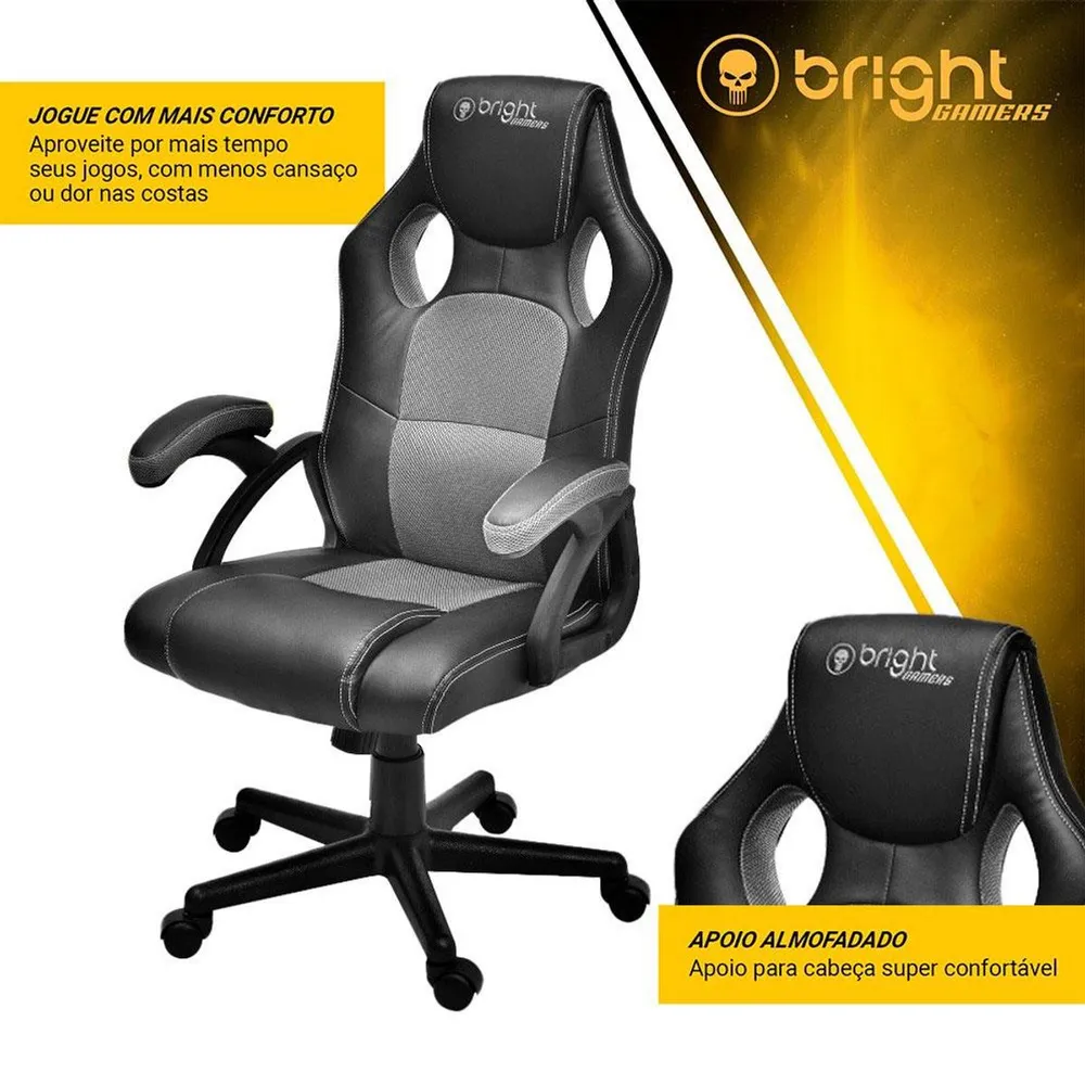 Cadeira Gamer Bright CD105, Revestimento em Couro PU e Malha, Até 120 kg, Encosto Reclinável, Apoio de Braço Fixo, Preto e Cinza - CD105 — foto 3