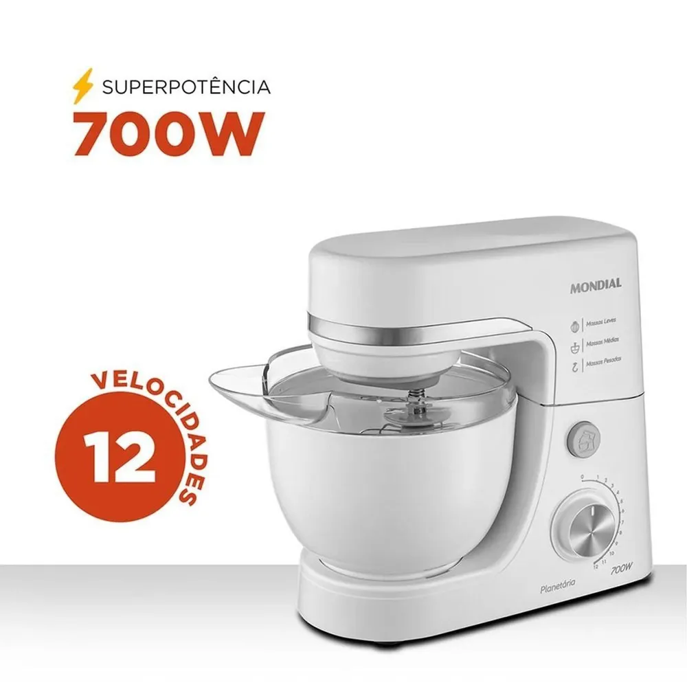 Batedeira Planetaria Mondial 700W 12 Velocidades Tigela 4,5L BP-03-W 220V — foto 2