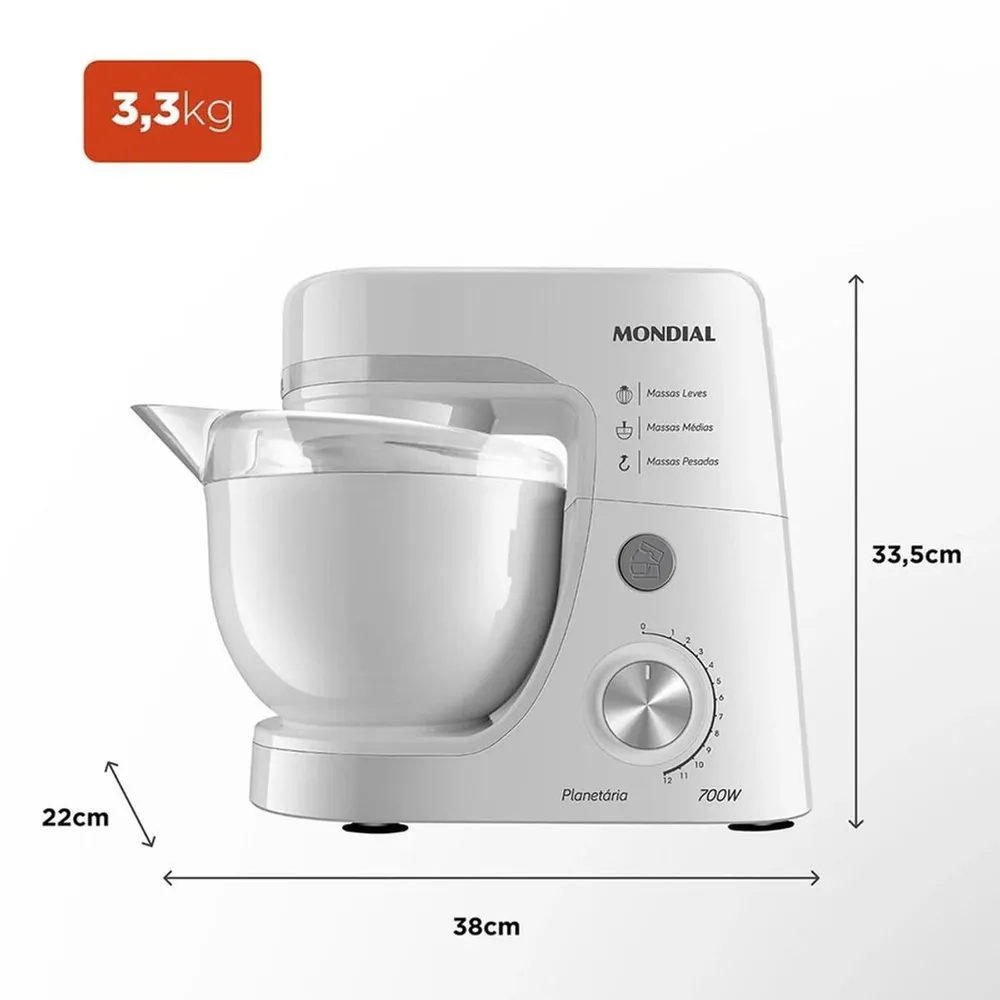 Batedeira Planetaria Mondial 700W 12 Velocidades Tigela 4,5L BP-03-W 220V — foto 3