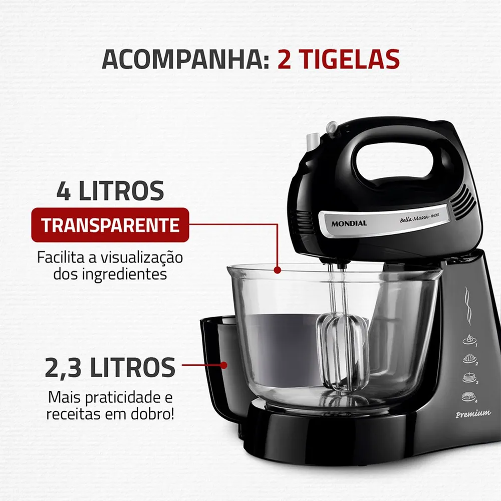 Batedeira Mondial Bella Massa Inox Premium 500W B-23 NP 220V — foto 4
