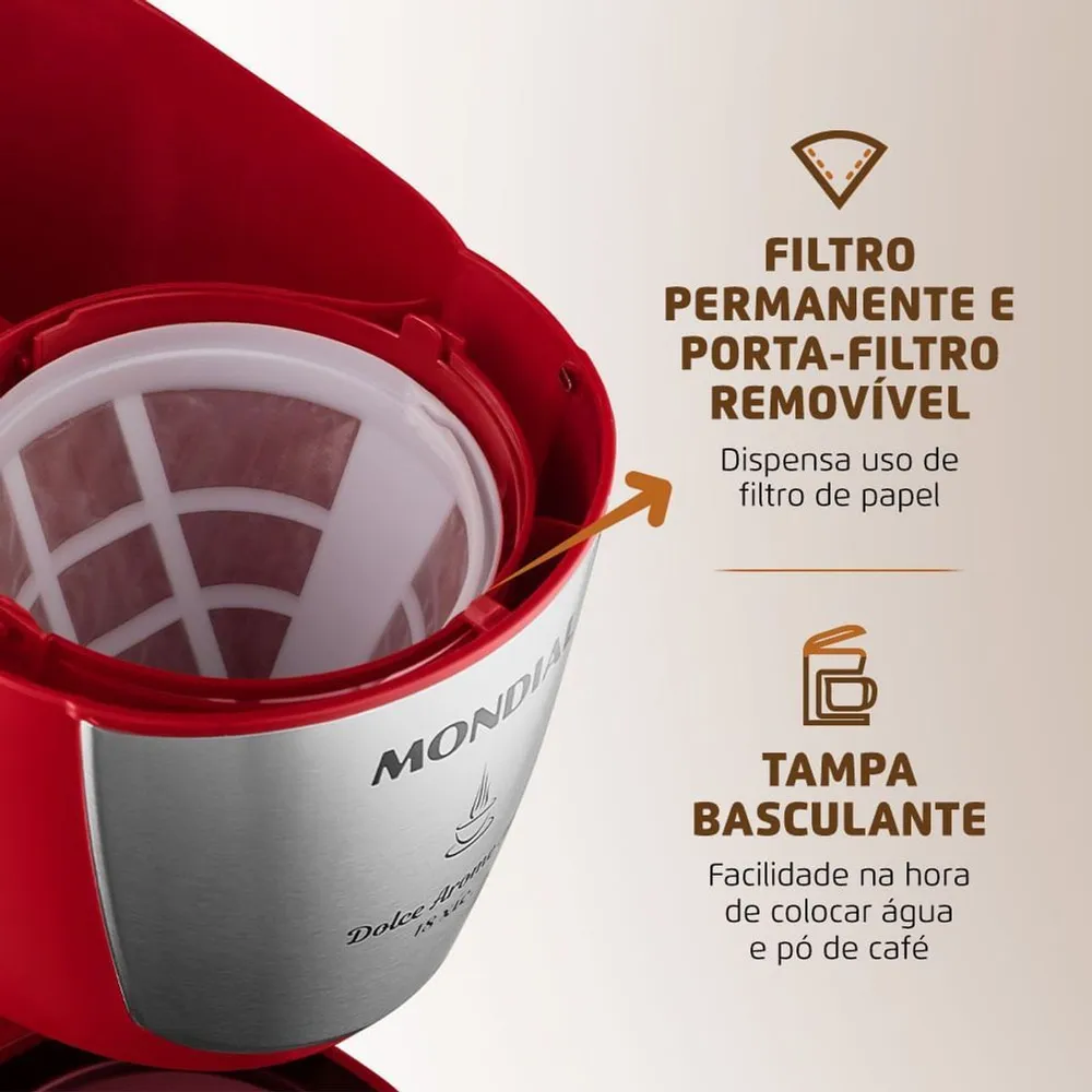 Cafeteira Elétrica Mondial Dolce Arome C-35-18X 18 Xícaras 550W Vermelho/Inox 127V — foto 4