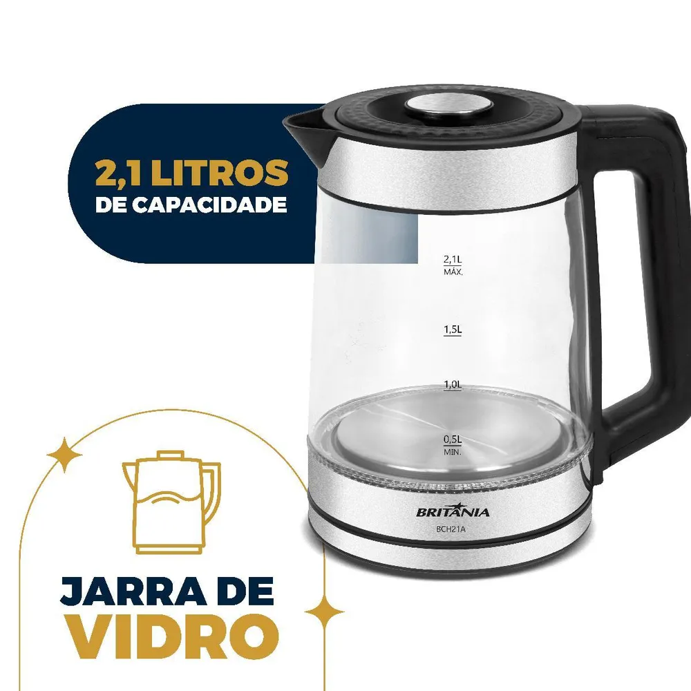 Chaleira Elétrica Britânia BCH21A 2,1L Jarra de Vidro com Luz LED Preto/Inox 127V — foto 2