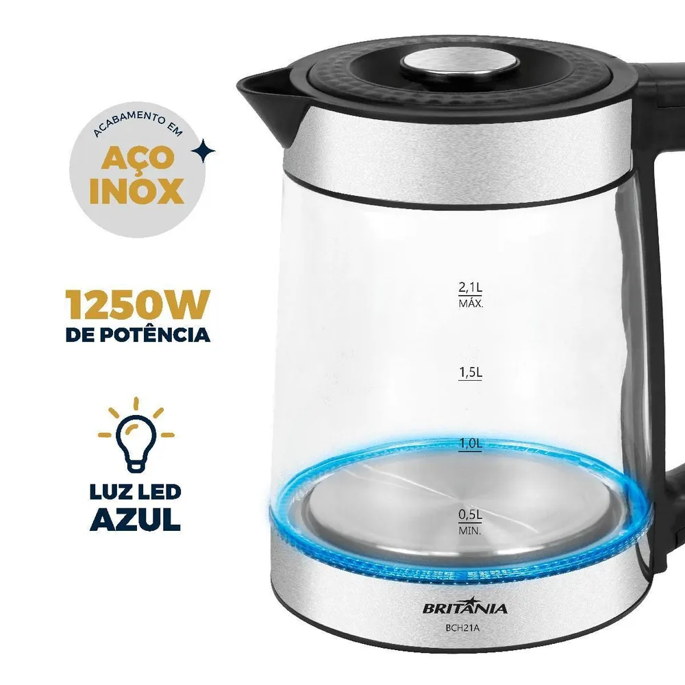 Chaleira Elétrica Britânia BCH21A 2,1L Jarra de Vidro com Luz LED Preto/Inox 127V — foto 3