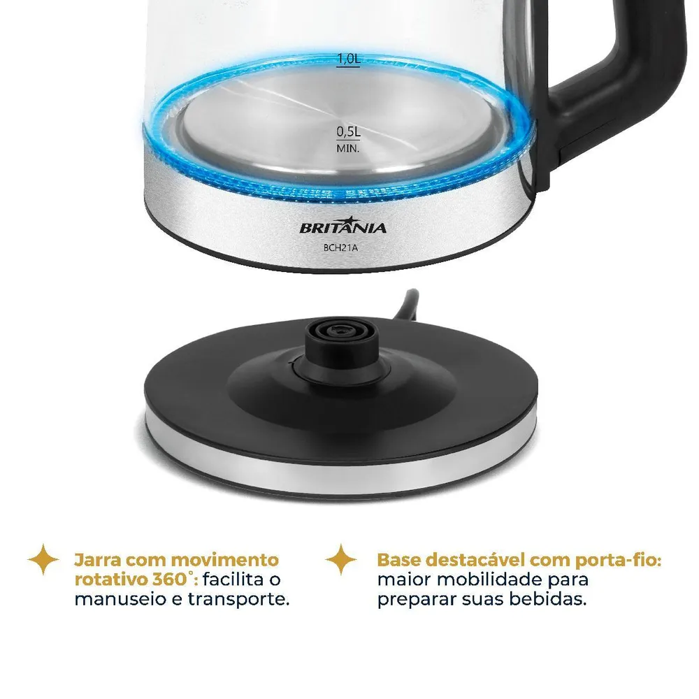 Chaleira Elétrica Britânia BCH21A 2,1L Jarra de Vidro com Luz LED Preto/Inox 127V — foto 4