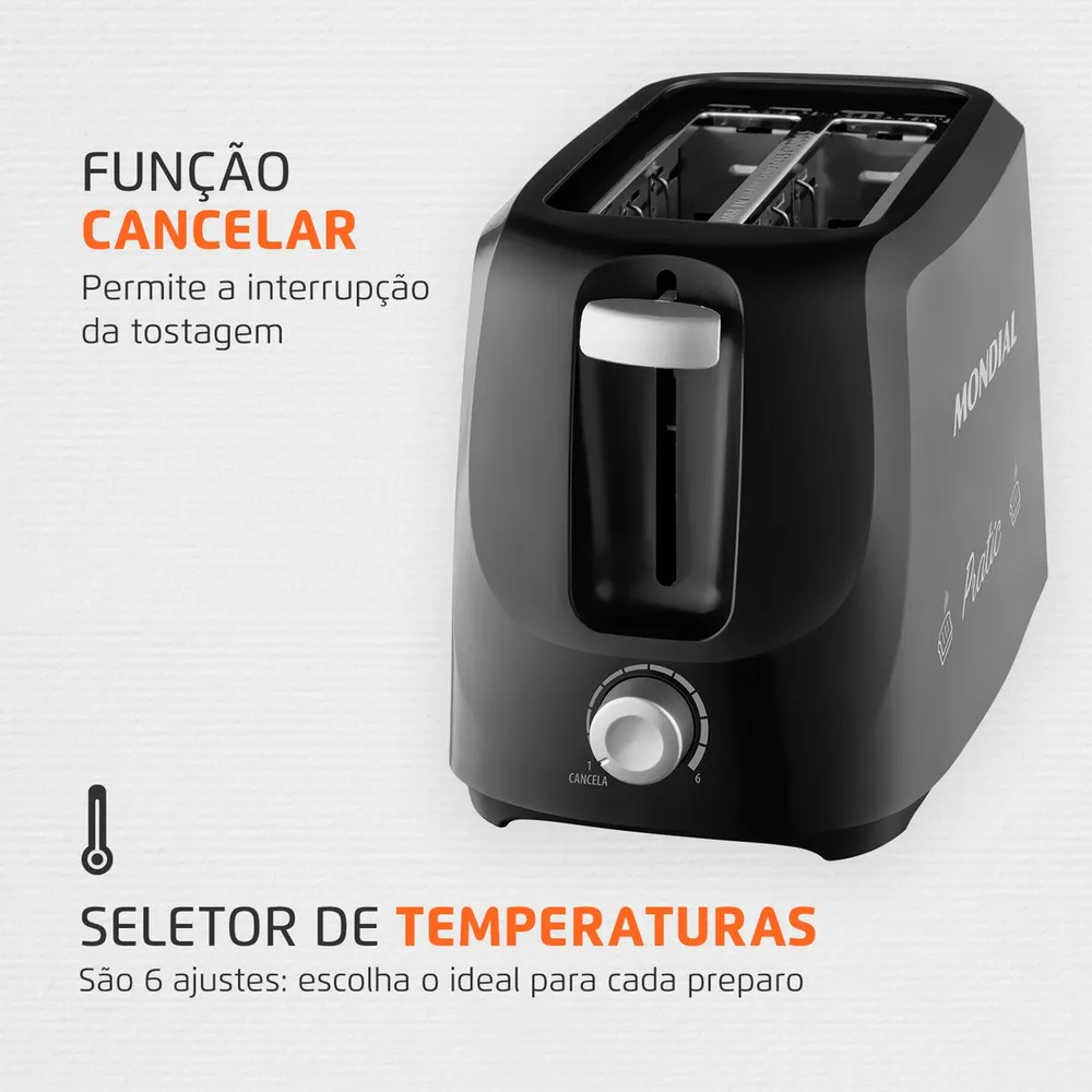 Torradeira Mondial Pratic T-18 700W 6 Níveis de Tostagem Preto/Prata 127V — foto 2