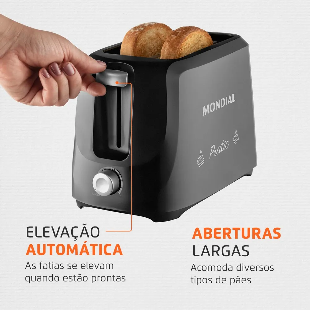 Torradeira Mondial Pratic T-18 700W 6 Níveis de Tostagem Preto/Prata 127V — foto 3