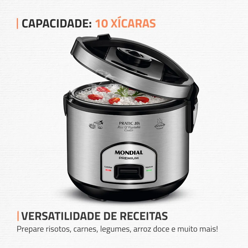 Panela Elétrica de Arroz Mondial Pratic 10i PE-42-10X 700W 10 Xícaras Preto/Inox 127V — foto 2