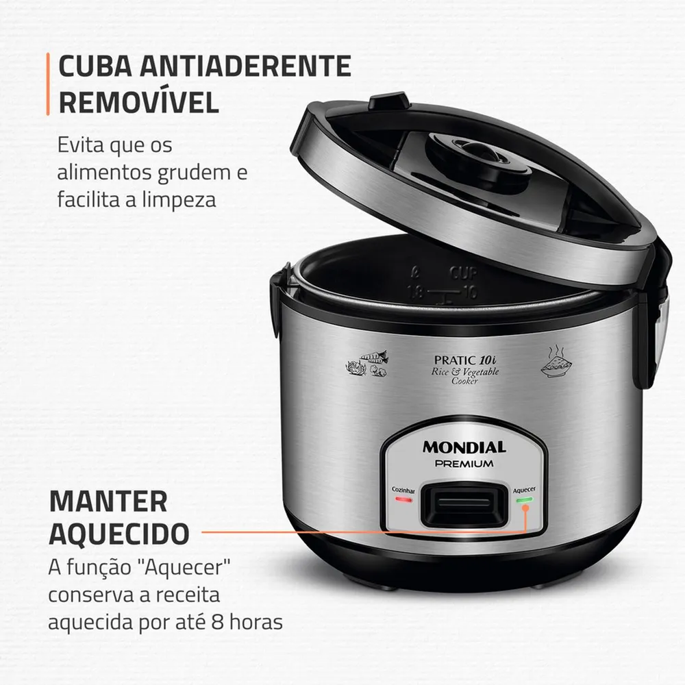 Panela Elétrica de Arroz Mondial Pratic 10i PE-42-10X 700W 10 Xícaras Preto/Inox 127V — foto 3
