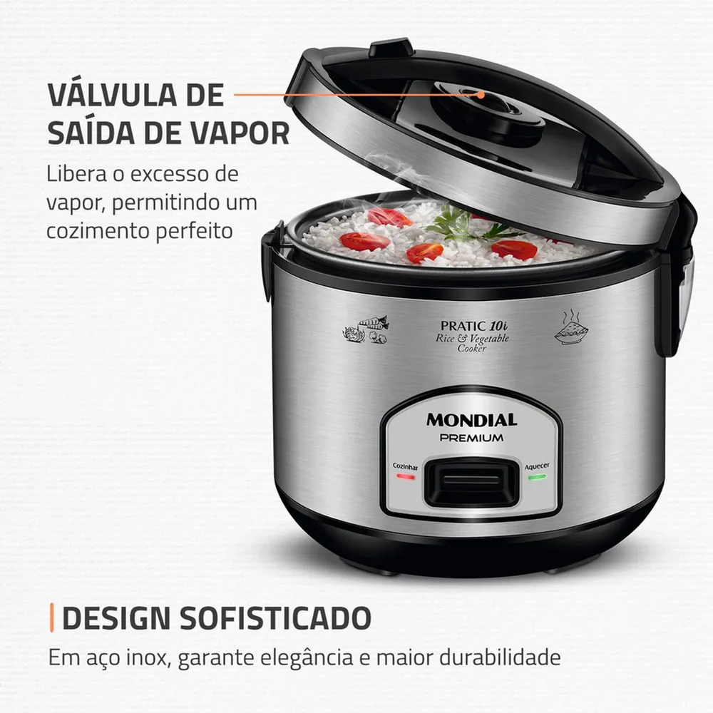 Panela Elétrica de Arroz Mondial Pratic 10i PE-42-10X 700W 10 Xícaras Preto/Inox 127V — foto 4