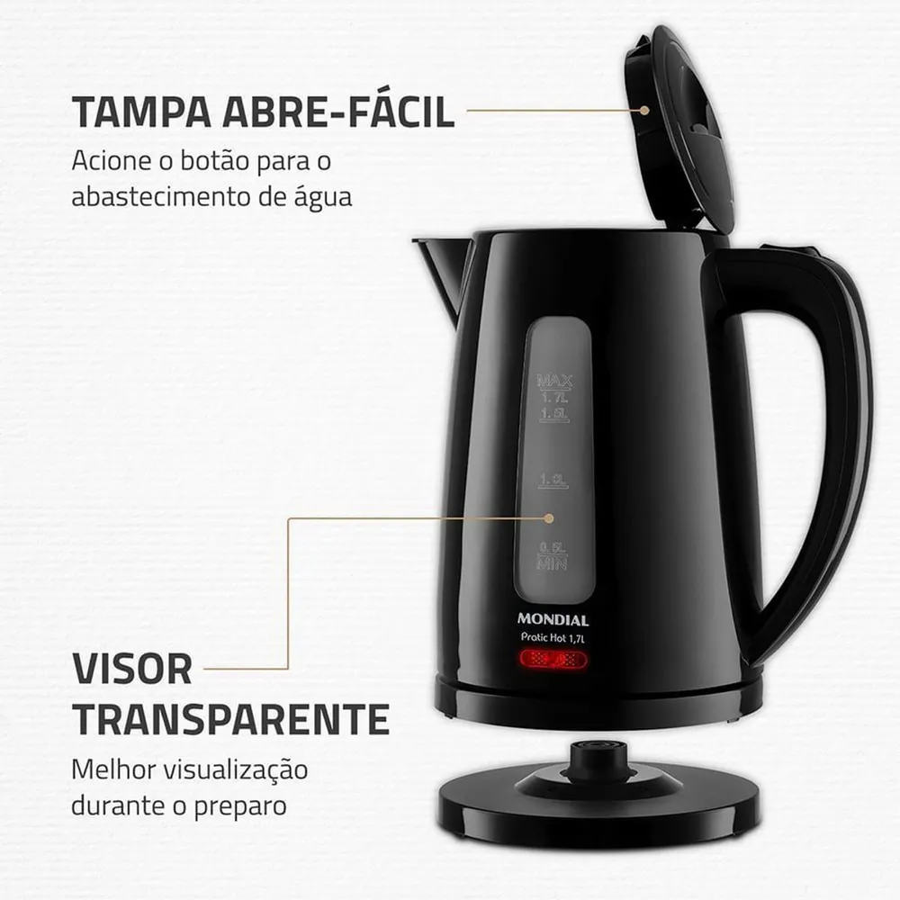 Chaleira Elétrica Mondial Pratic Hot CE-17 1,7L 1200W Preto 127V — foto 4