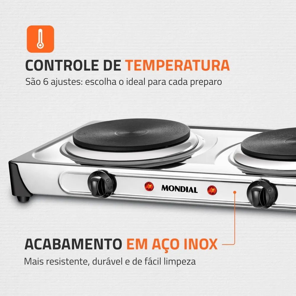 Fogão Elétrico Fast Cook Due Mondial Inox 2 Bocas 2000W FE-03 110V — foto 4
