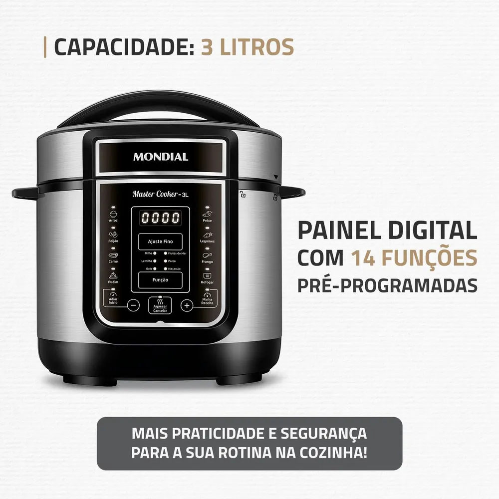 Panela de Pressão Elétrica Digital 3L Mondial Master Cooker Preto/Inox 700W PE-40 220V — foto 2