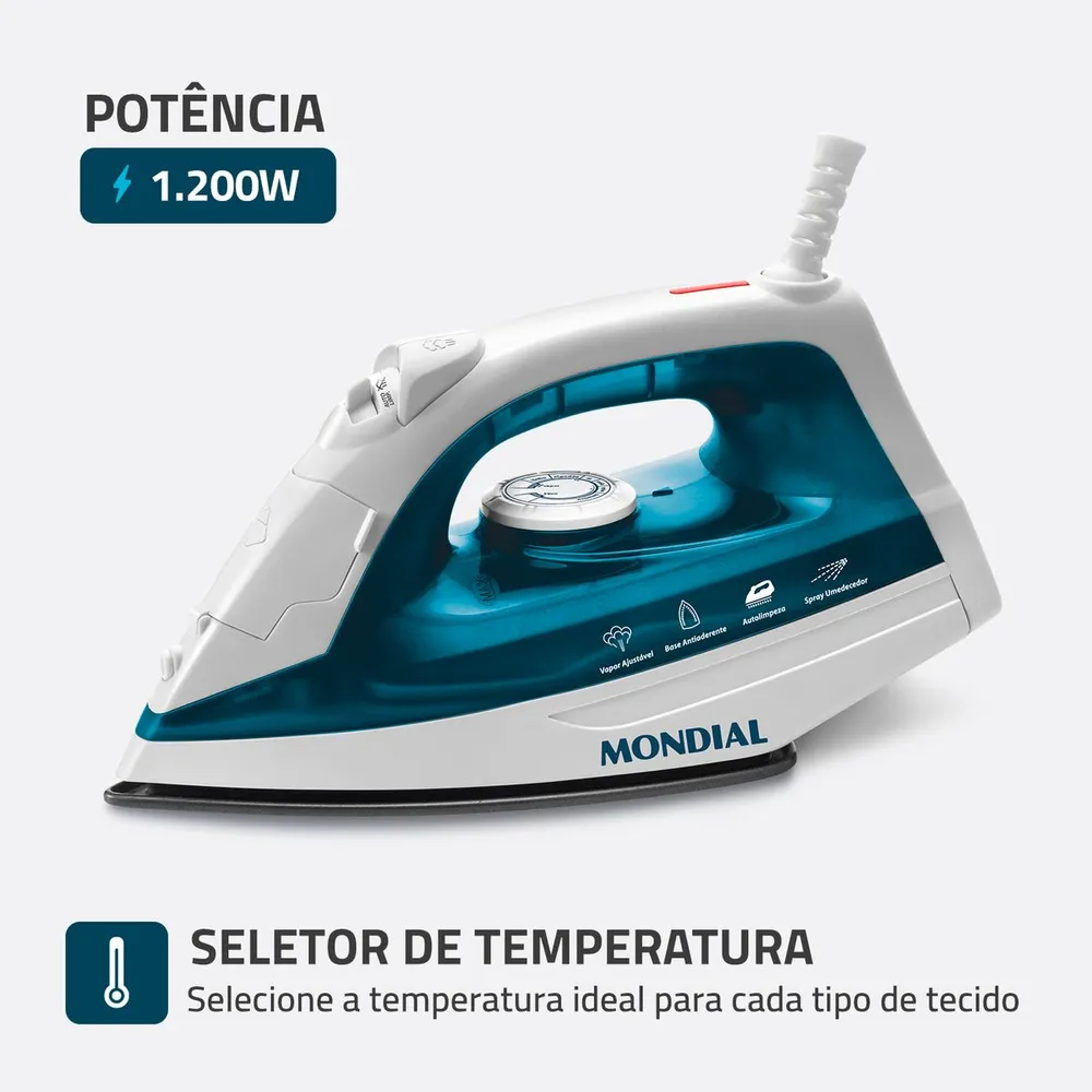 Ferro de Passar a Vapor Mondial F-32 1200W 220V Branco/Azul — foto 3