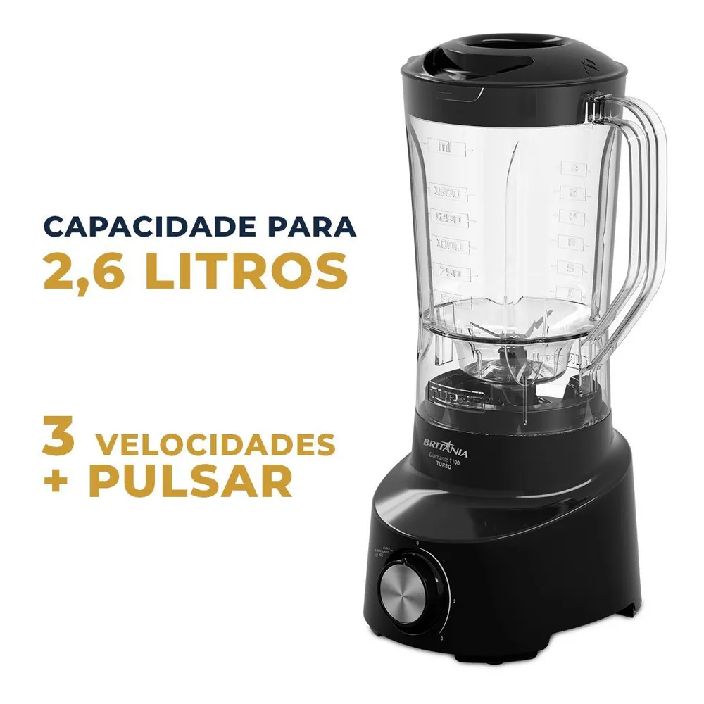 Liquidificador Britânia Diamante 1100 600W 2,6L 4 Velocidades Preto 127V — foto 2