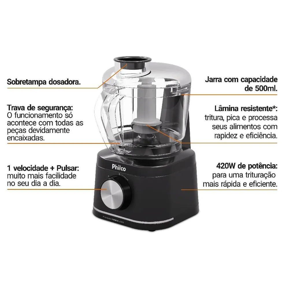Processador de Alimentos Philco PMN04A 420W Jarra 500ml Função Pulsar Preto 127V — foto 3