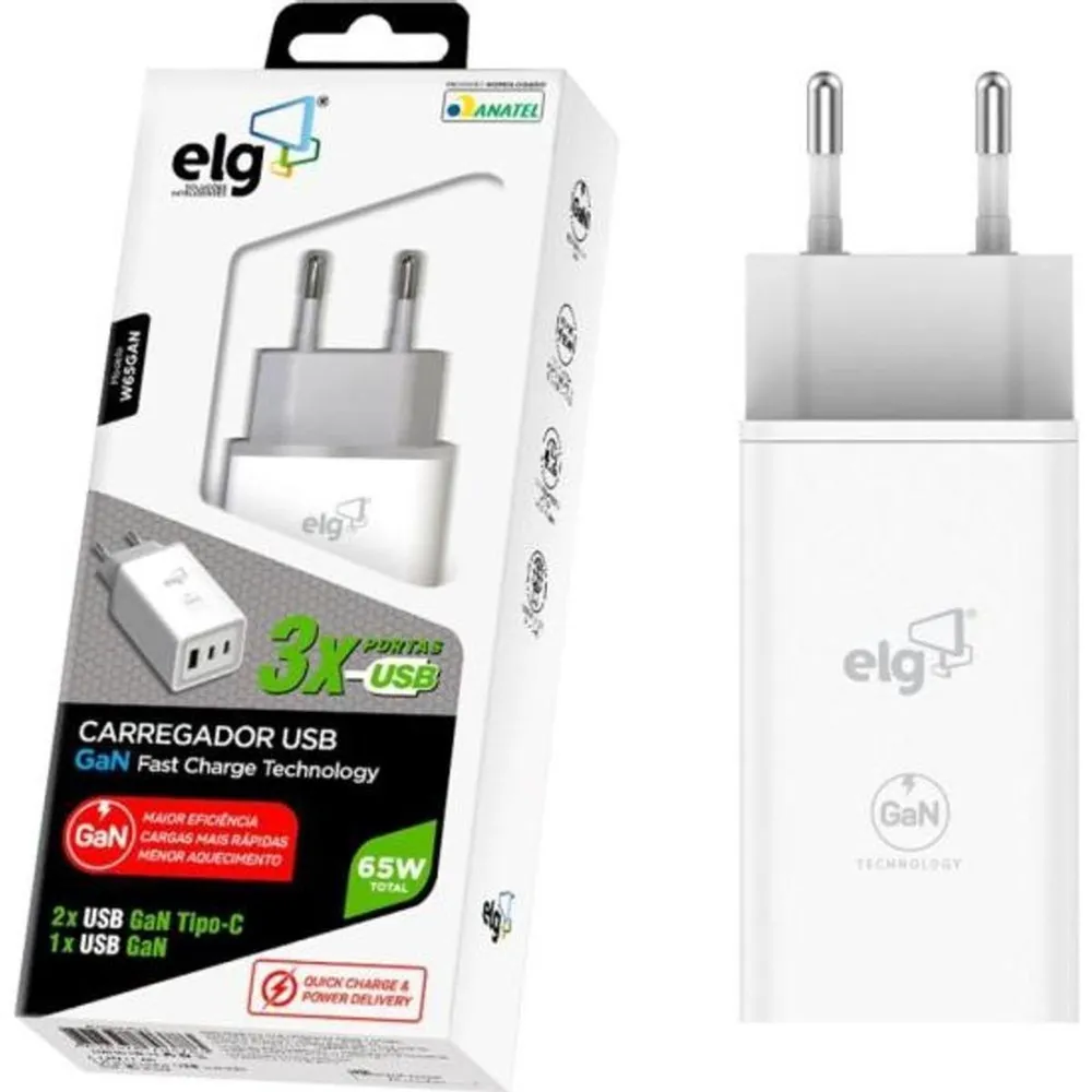 Carregador de Parede ELG W65GAN 65W GaN 3 Portas 2 USB-C PD e 1 USB-A QC 3.0 Bivolt Branco — foto 2