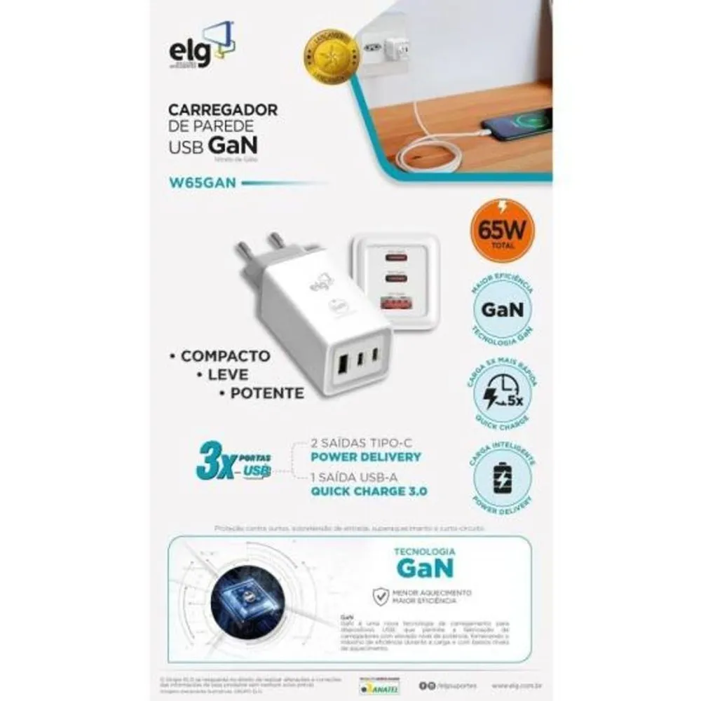 Carregador de Parede ELG W65GAN 65W GaN 3 Portas 2 USB-C PD e 1 USB-A QC 3.0 Bivolt Branco — foto 3