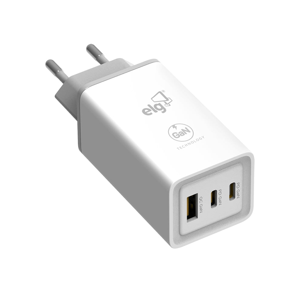 Carregador de Parede ELG W65GAN 65W GaN 3 Portas 2 USB-C PD e 1 USB-A QC 3.0 Bivolt Branco