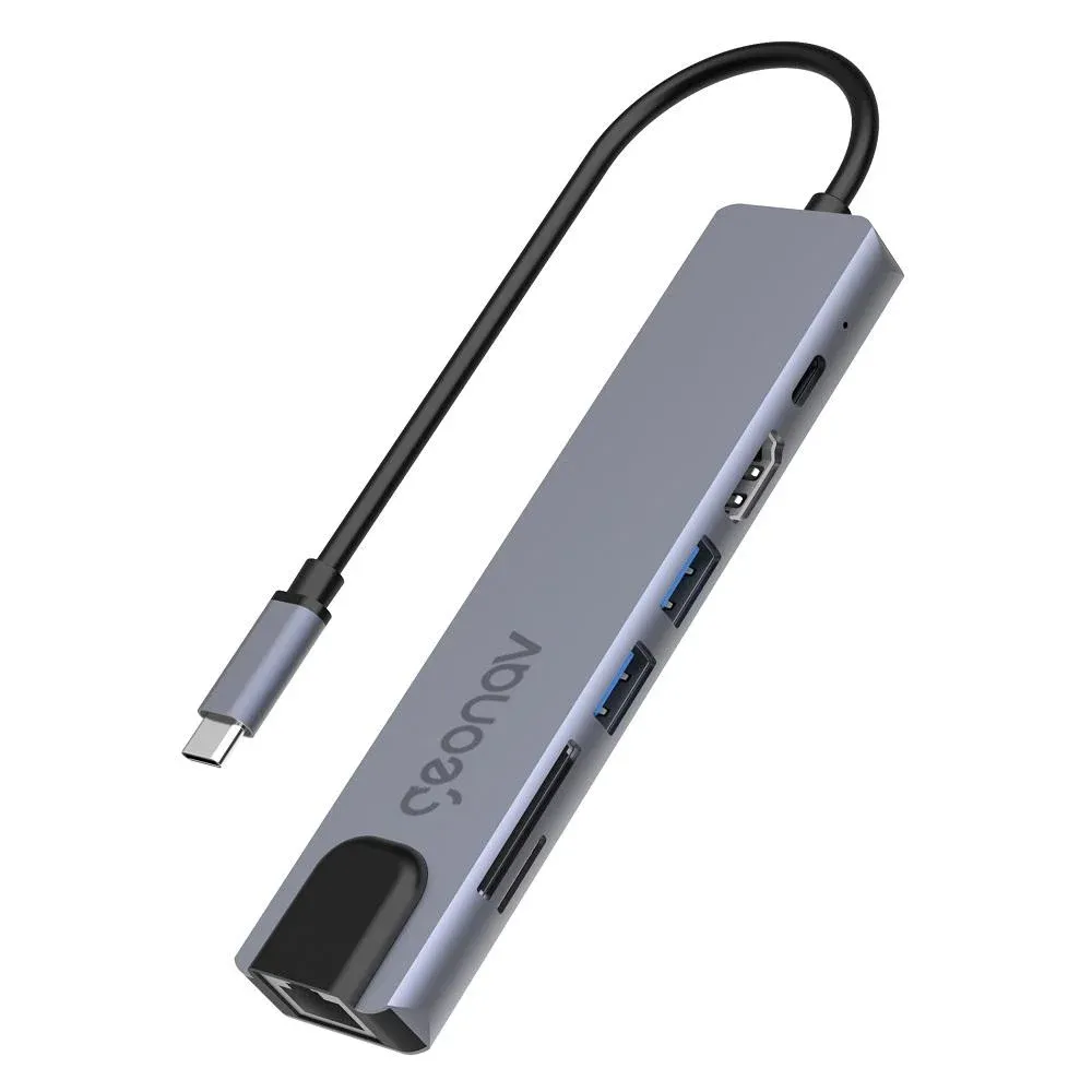 Hub USB-C Geonav UCA11 7 em 1 HDMI 4K RJ45 Gigabit 2 USB-A 3.0 Leitor SD e microSD PD Cinza — foto 2