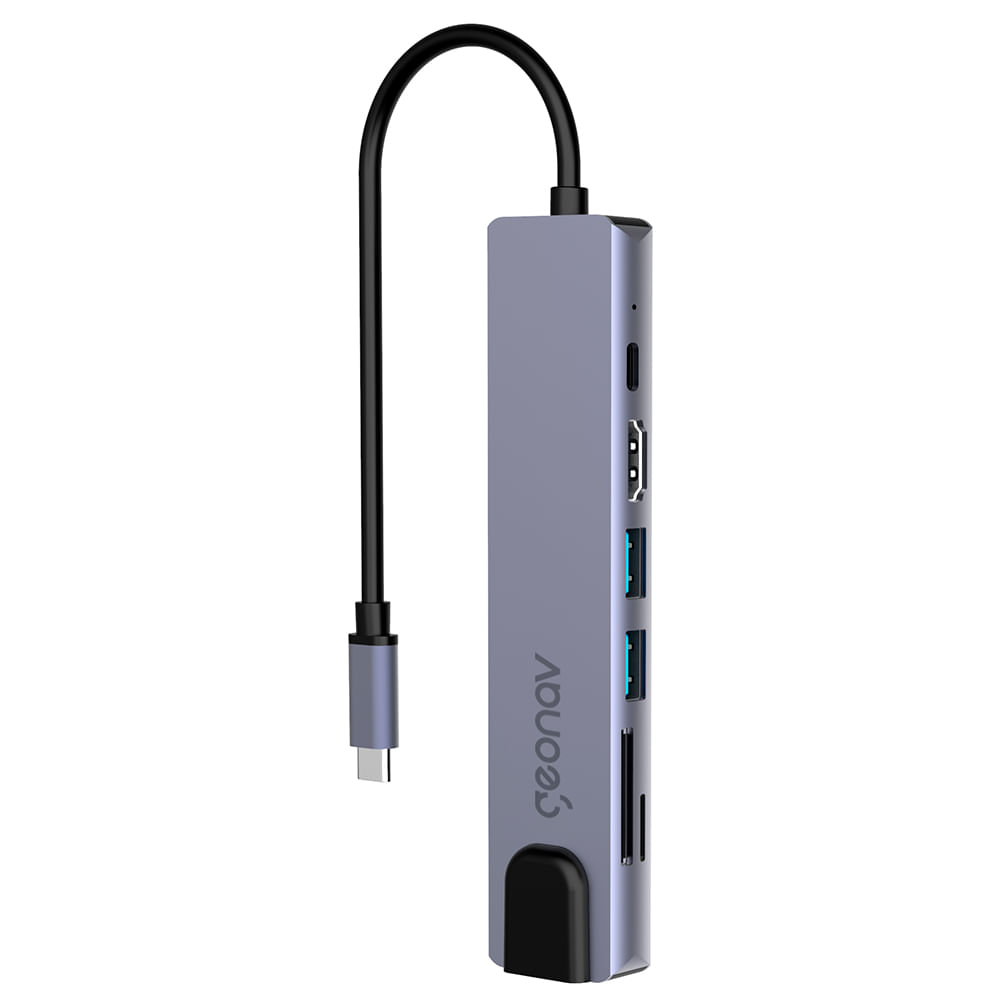 Hub USB-C Geonav UCA11 7 em 1 HDMI 4K RJ45 Gigabit 2 USB-A 3.0 Leitor SD e microSD PD Cinza