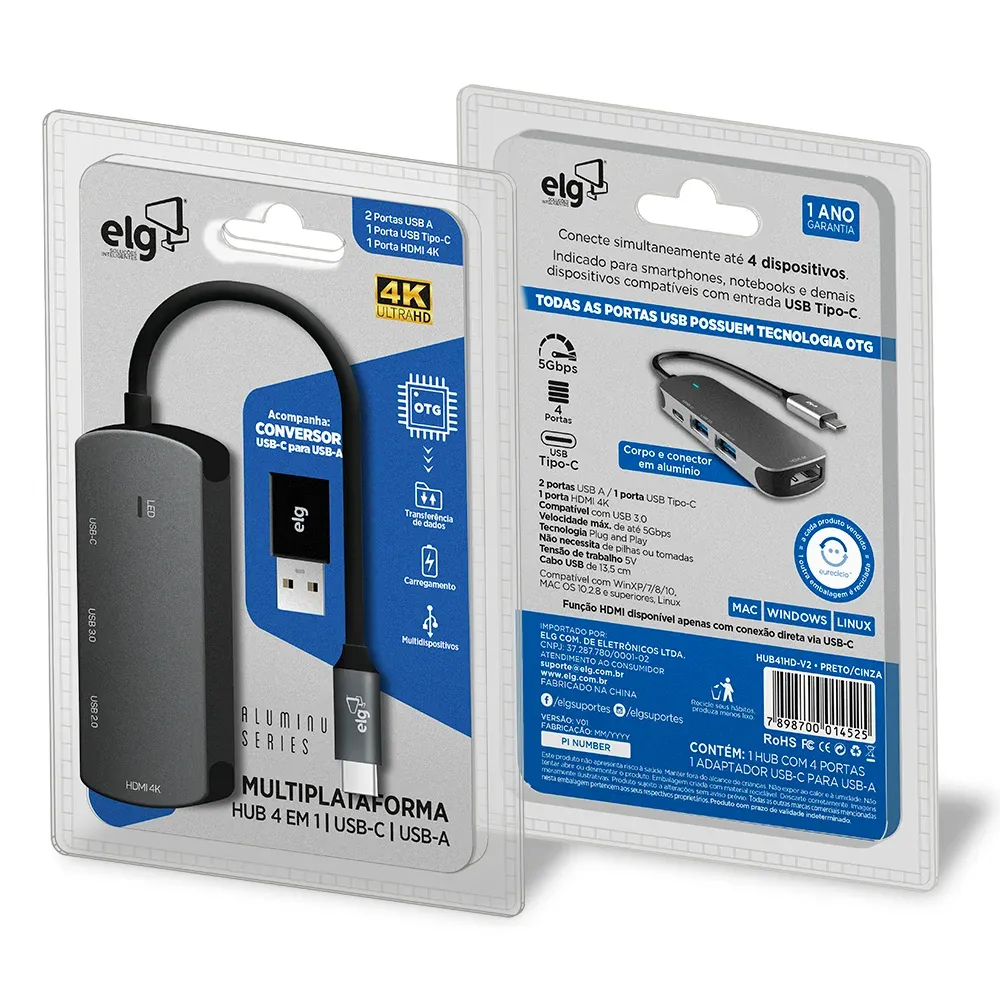 Hub USB-C ELG HUB41HD-V2 4 em 1 HDMI 4K USB 3.0 5Gbps USB 2.0 e USB-C — foto 2