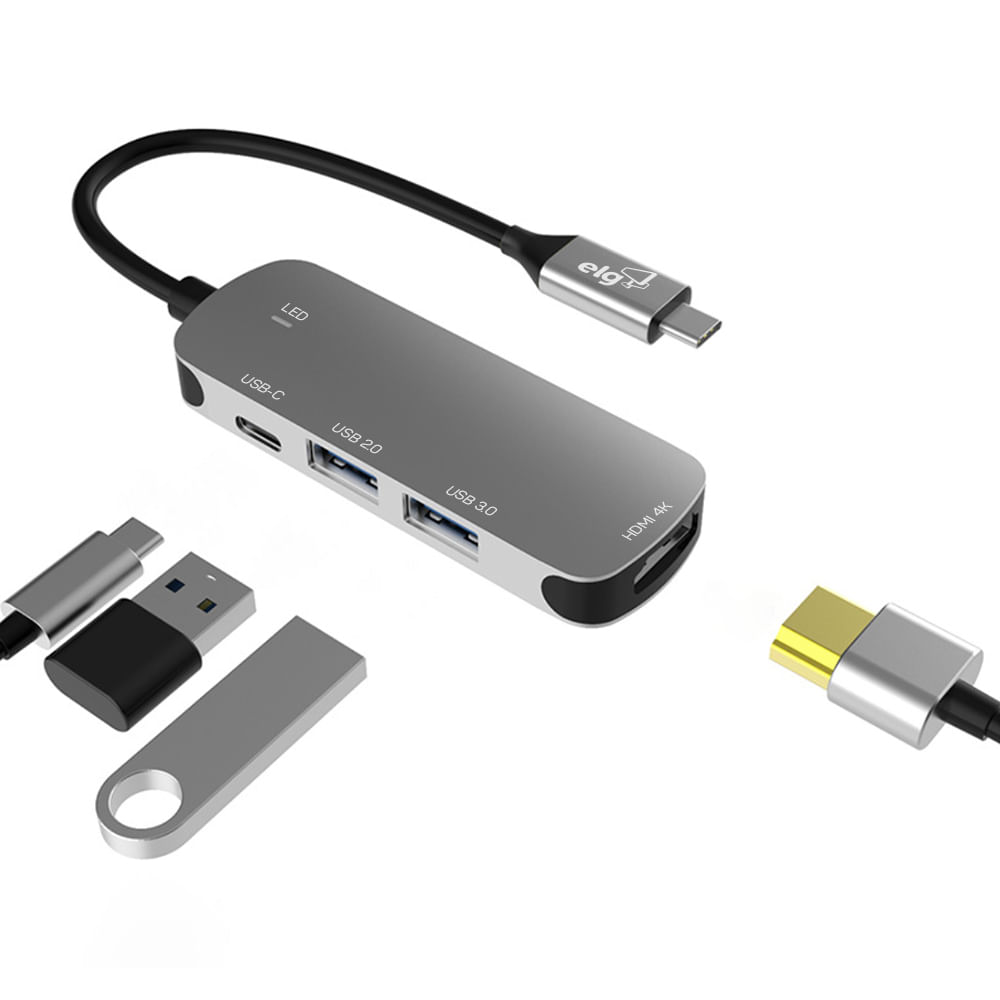 Hub USB-C ELG HUB41HD-V2 4 em 1 HDMI 4K USB 3.0 5Gbps USB 2.0 e USB-C