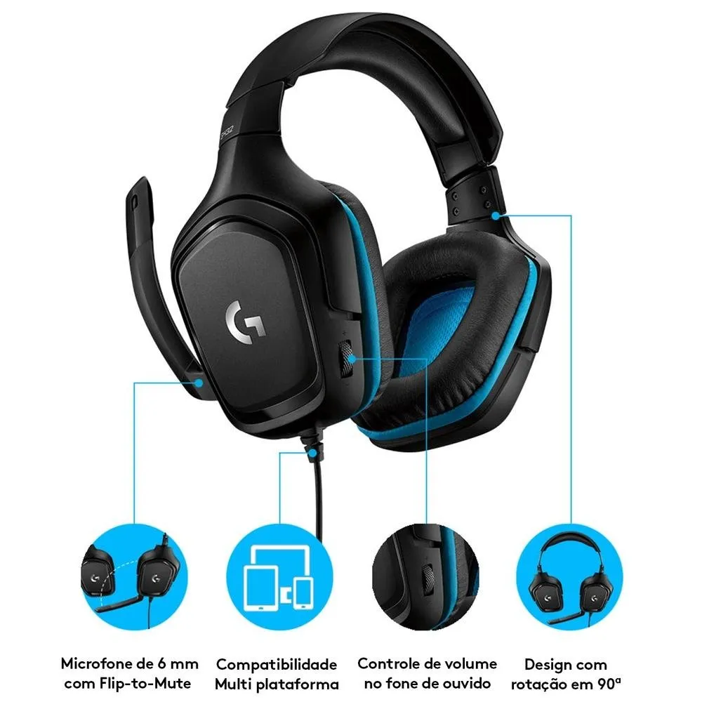 Headset Gamer Logitech G432 Som Surround 7.1 DTS Drivers 50mm USB e P2 Preto e Azul — foto 2