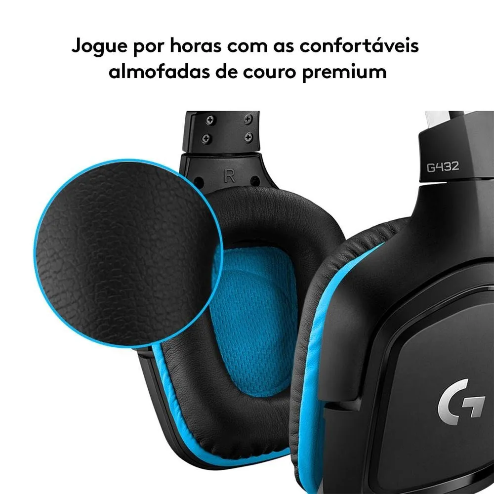 Headset Gamer Logitech G432 Som Surround 7.1 DTS Drivers 50mm USB e P2 Preto e Azul — foto 4