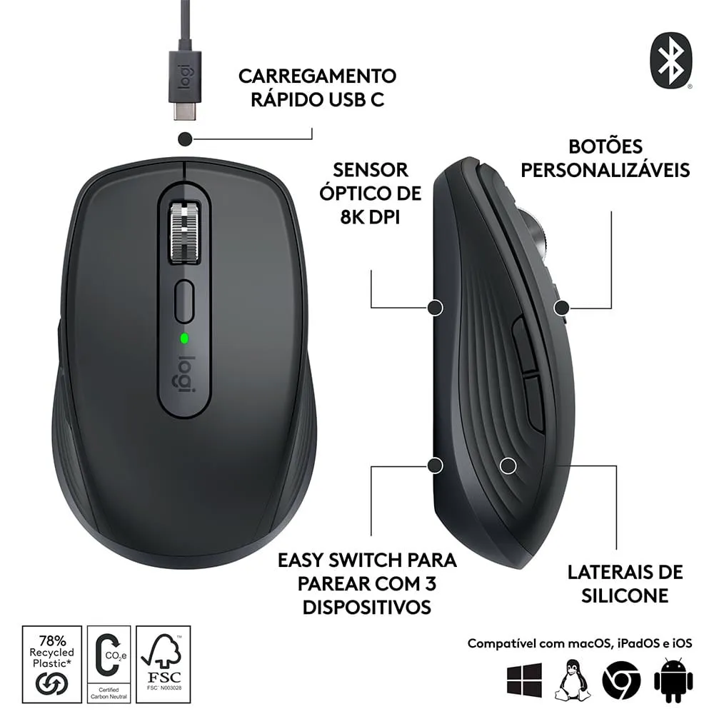 Mouse Sem Fio Logitech MX Anywhere 3S Compacto 8000 DPI Clique Silencioso Bluetooth Recarregável Grafite — foto 3