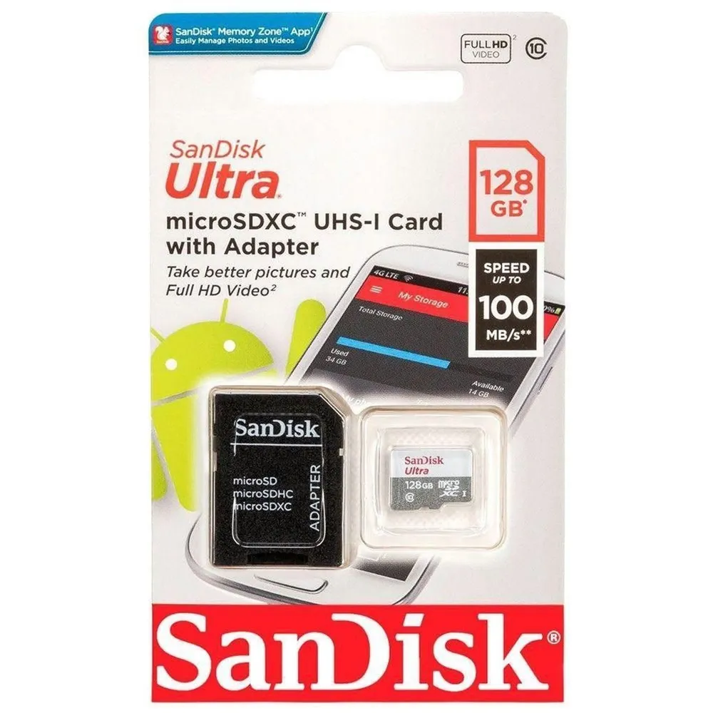 Cartão de Memória microSDXC SanDisk Ultra 128 GB Classe 10 UHS-I até 100 MB/s com Adaptador SDSQUNR-128G-GN3MA — foto 2
