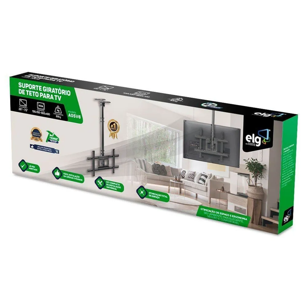 Suporte de Teto Giratório e Inclinável ELG A05V6 para TVs de 26" a 75", Ajuste de Altura, VESA até 600x400mm, Suporta até 68kg, Preto — foto 3