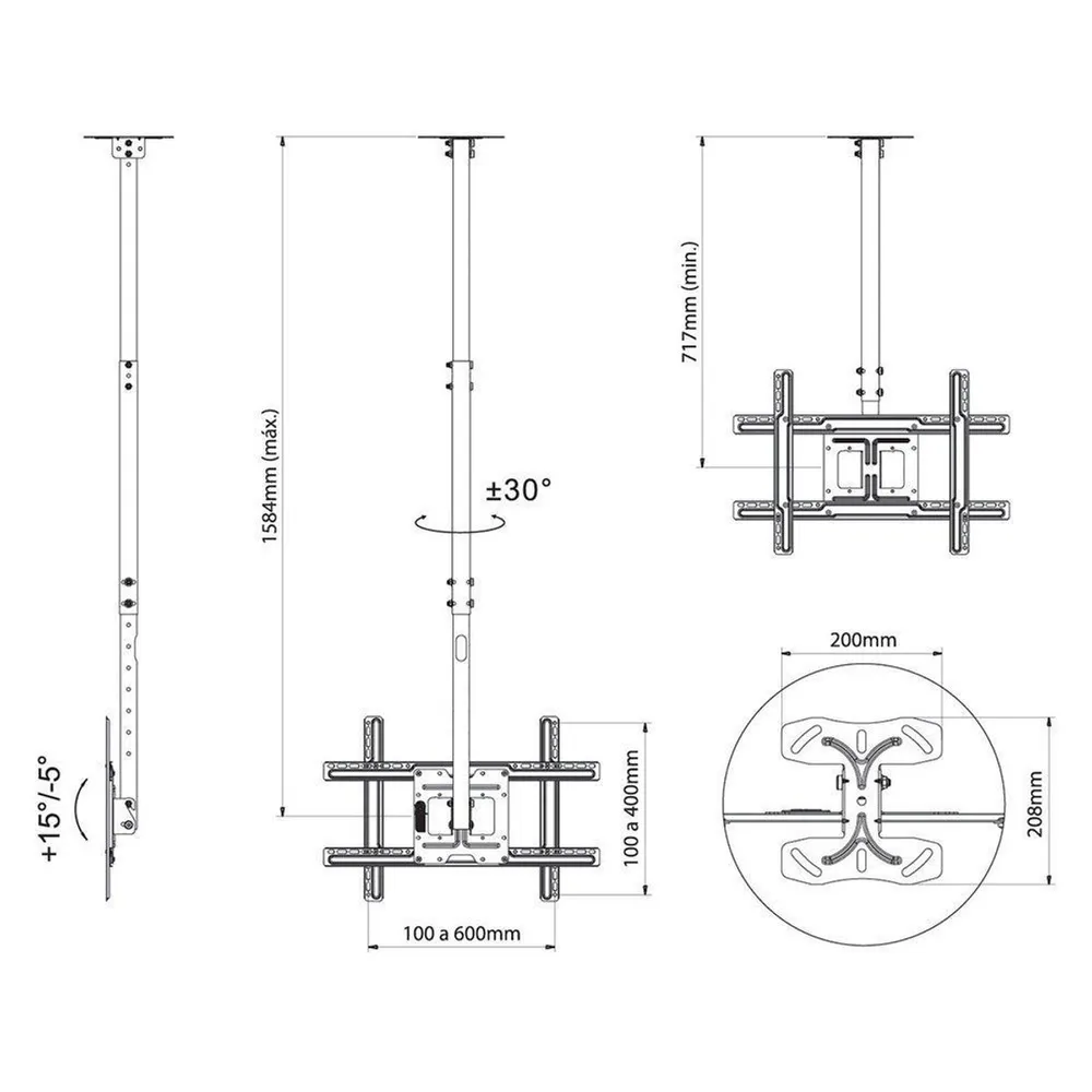 Suporte de Teto Giratório e Inclinável ELG A05V6 para TVs de 26" a 75", Ajuste de Altura, VESA até 600x400mm, Suporta até 68kg, Preto — foto 4